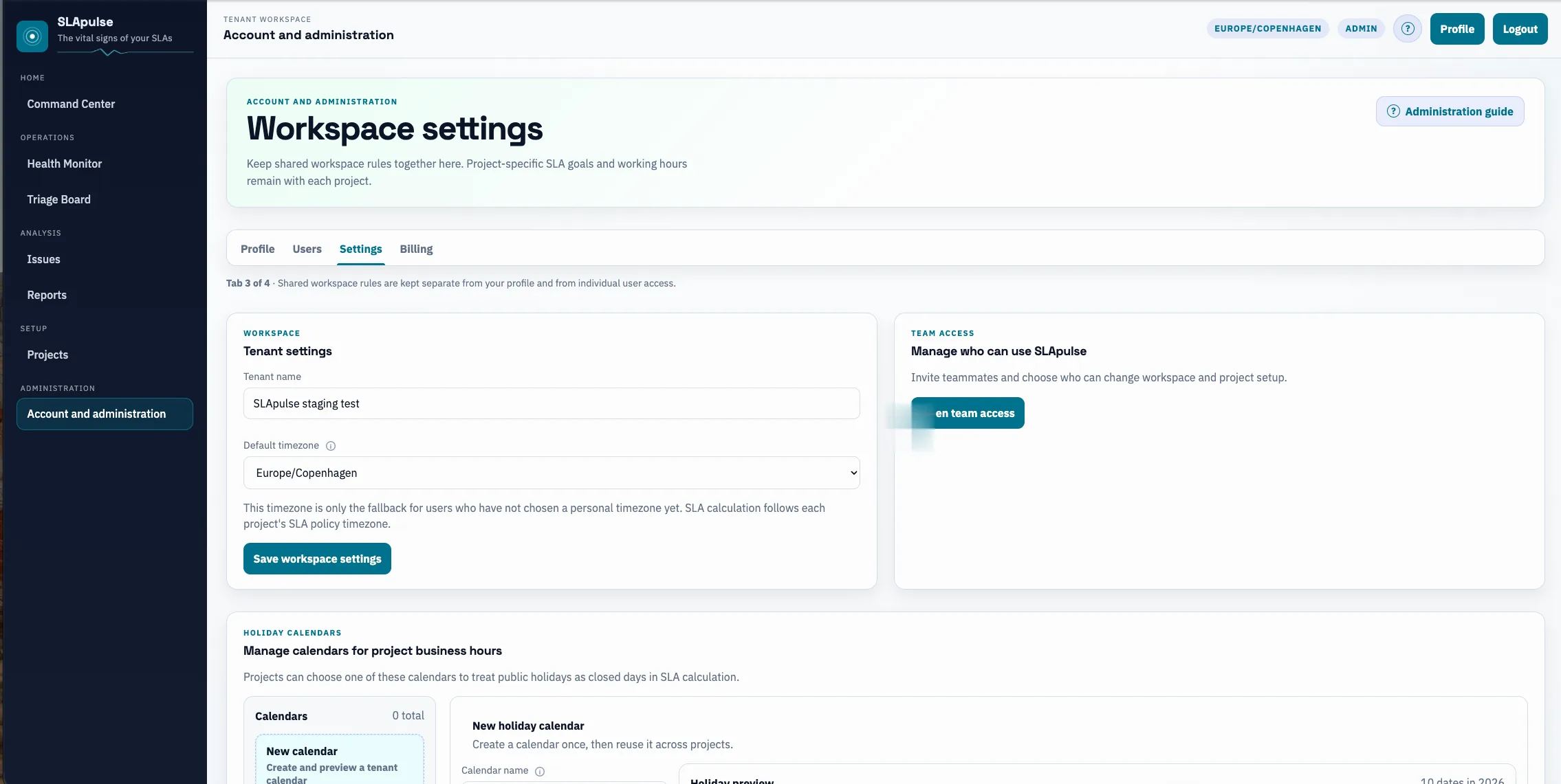 SLApulse Account administration with the Settings tab selected and shared workspace controls visible